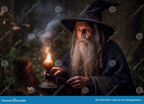 Old Wizard Wearing A Hat Waving His Wand And Casting A Spell Creating