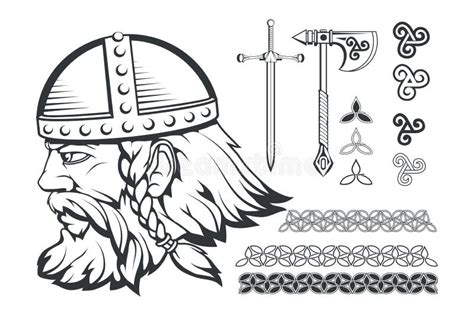 Hand Drawn Of A Viking In A Helmet Scandinavian Traditional Weapons