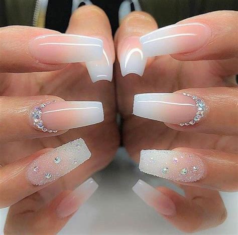 bridal manicure idea long coffin style nails with pink and white ombre like nail polish