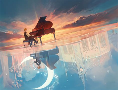 Download 5200x4000 Anime Boy Blonde Piano Sunset Reflection Water