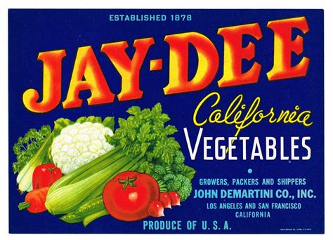 Original Vintage Vegetable Crate Label 1950s Jay Dee Jd San Francisco Los Angeles Demartini