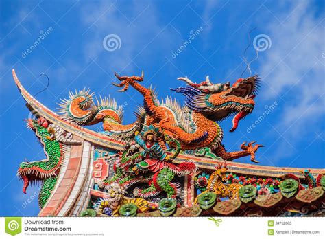 Beautiful Chinese Dragon Sculpture On The Roof At Lungshan Temple Of