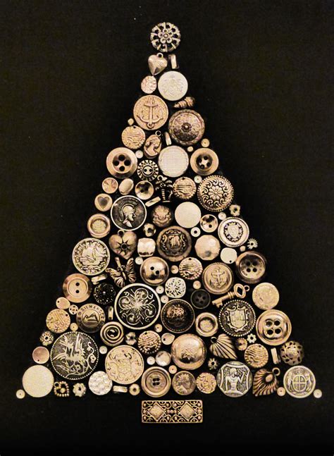 Silver Christmas Tree On Black Canvas Made From Buttons And Jewellery