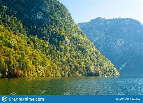 Reflection Of Hills In Koenigsee Autumn Time In Bavaria Stock Photo