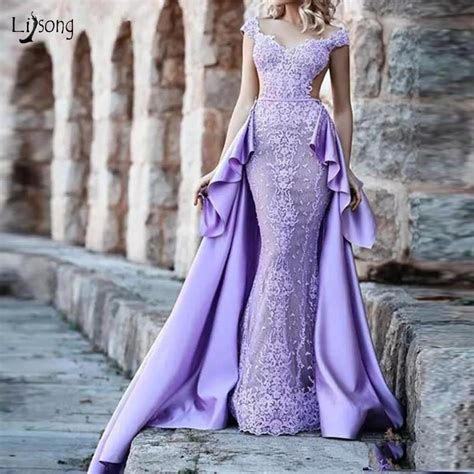 Vintage Lavender Lace Mermaid Evening Dresses With Detachable Train Ruffles Backless Long Prom