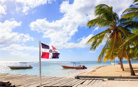 karibischer strand und flagge der dominikanischen republik stockfoto bild von blau insel