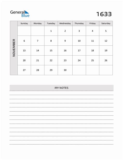 November 1633 Printable Monthly Calendar With Notes