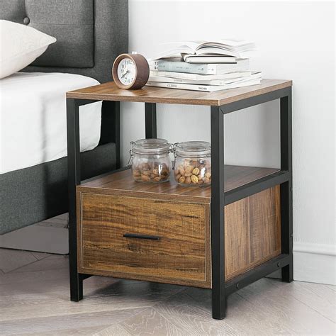 Vecelo Industrial Nightstand With Metal Frame Side End Table With