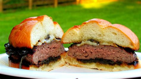 Ground beef and porcini grilled burger, topped with swiss cheese and sautéed onions and shiitake mushrooms. Grilled Wagyu Cheeseburger - Kobe Style Beef Burger Recipe ...