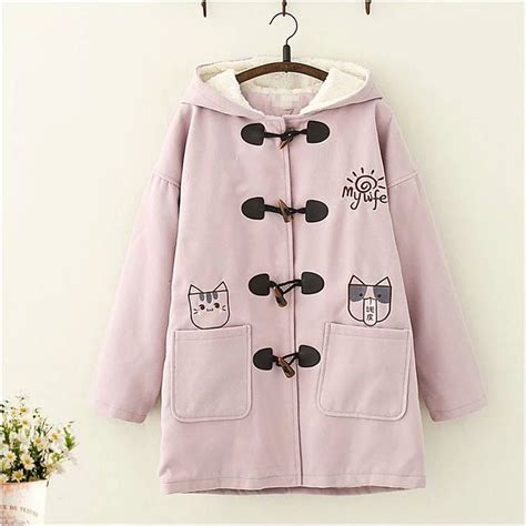 Kawaii Cat Embroidered Plush Hooded Coat Kawaii Jacket Kawaii