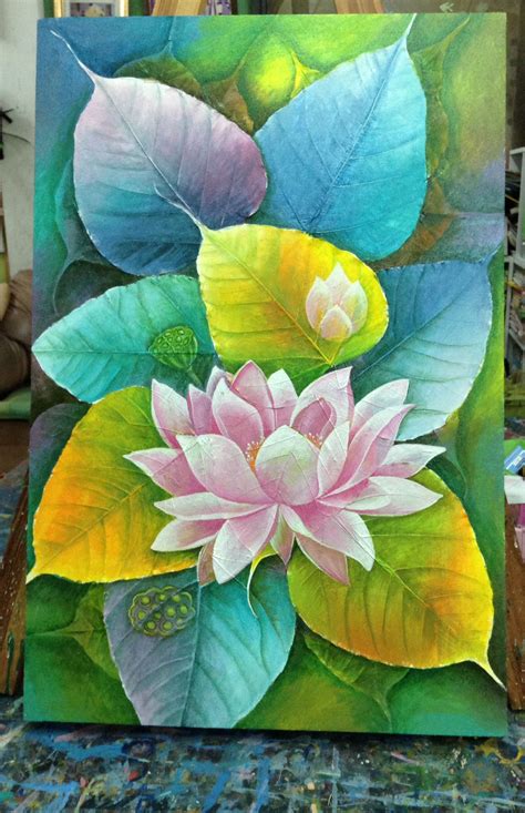 Beautiful Decorative Acrylic Painting Lotus Flower On A Canvas Made