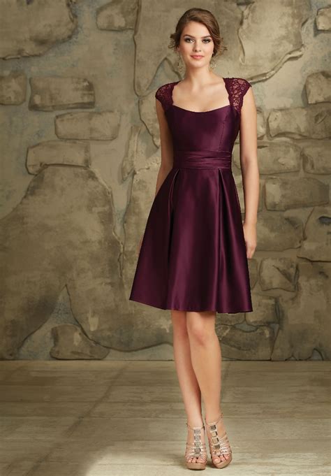 Burgundy A Line Satin Lace Wedding Party Dress With Cap Sleeves Plum