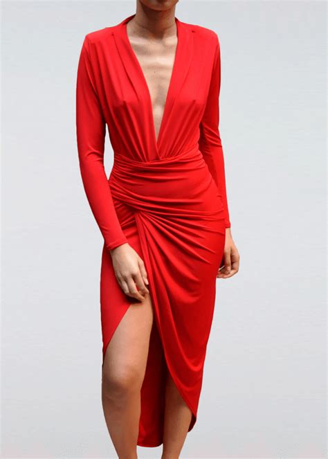 Long Sleeve Wrap Front Maxi Dress In Red Backless Mini Dress Backless Maxi Dresses Neck