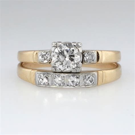 Sweet 1940s Two Tone Diamond Engagement Ring Set 10k14k Antique