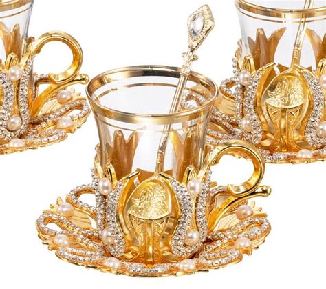 Set Of 6 Turkish Tea Glass Glasses Saucers Spoon Fancy Set With