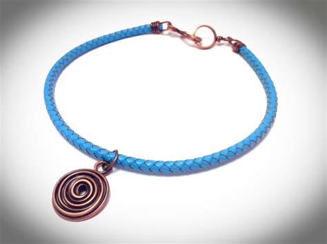 Turquoise Leather Choker Featuring Large Copper Spiral