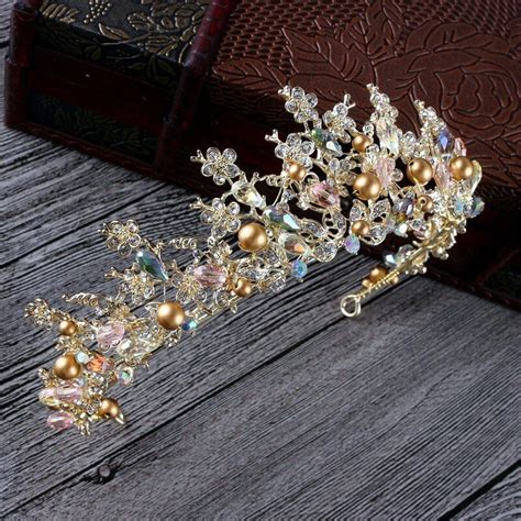Luxury Gold Pearl Bridal Crowns Handmade Tiara Bride Headband Crystal