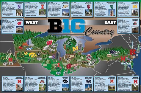 Big Ten Map Big Ten Conference College Mapposter B1g Size 24 X
