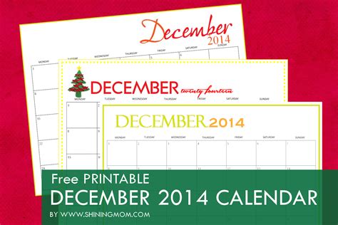 Free Printable December 2014 Calendar By Shining Mom