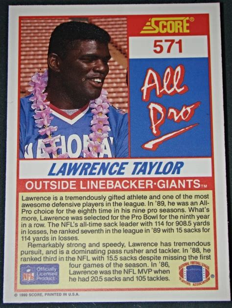 Check spelling or type a new query. Trading Cards/Sports Cards - 1990 SCORE- ALL PRO - LAWRENCE TAYLOR Card#571 - Other