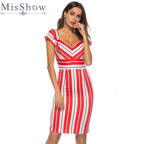 Misshow Sexy Double Deep V Neck Pencil Dress Off Shoulder Striped Women Bodycon Dresses Silm