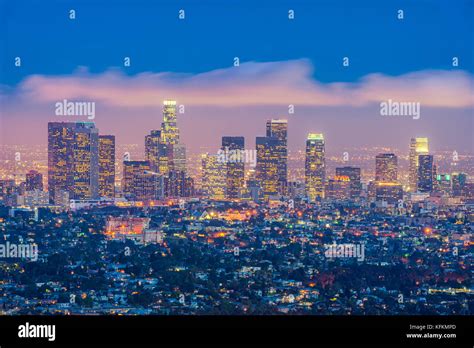 Skyline Of Los Angeles California Usa At Dusk Stock Photo Alamy