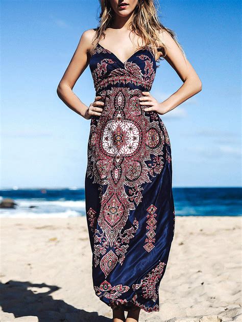 68 Off Bohemian Ethnic Style Floral Printed Spaghetti Strap Imitated Silk Maxi Dress For