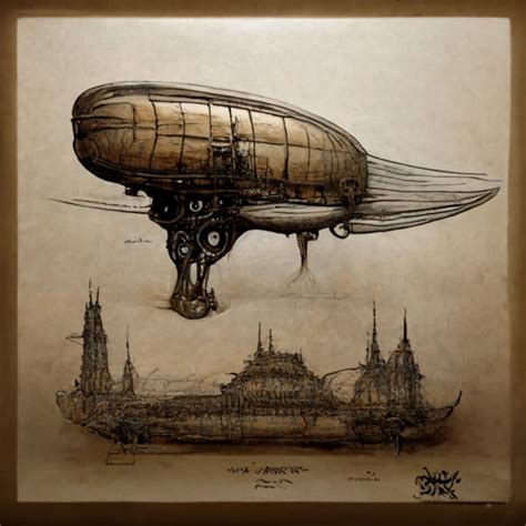 Sketch Airship Steampunk Giger Da Vinci Parchement Midjourney