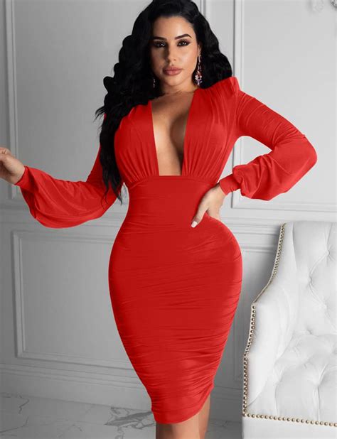 Gobles Women S Sexy Deep V Neck Long Sleeve Ruched Bodycon Midi Party