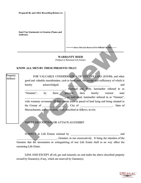 Life Estate Deed In Massachusetts US Legal Forms