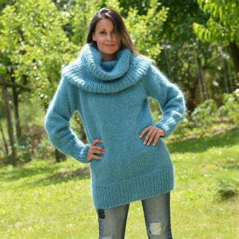 Designer Hand Knitted Mohair Sweater Turtleneck Blue Fuzzy