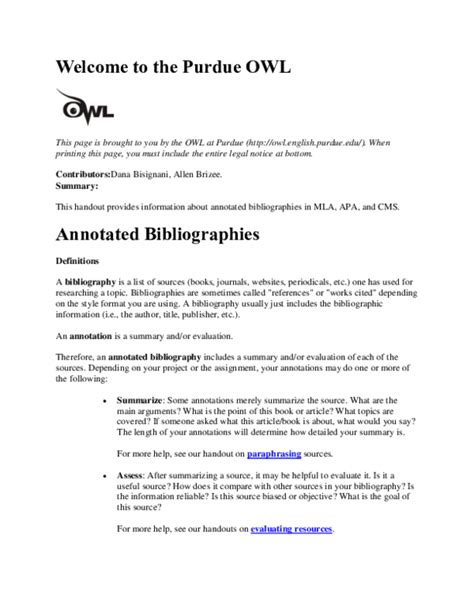 An apa annotated bibliography is a full bibliography that includes a small note for each reference citation. Owl Apa Annotated Bibliography Example
