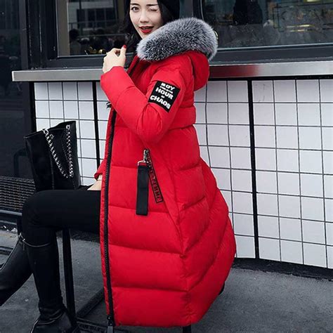Women Down Parkas Fur Collar Elegant Overcoat Long Snow Coat Warm