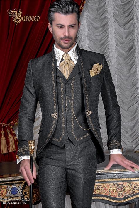 Black Jacquard Mao Collar Frock Coat With Golden Embroidery Mmmoyano