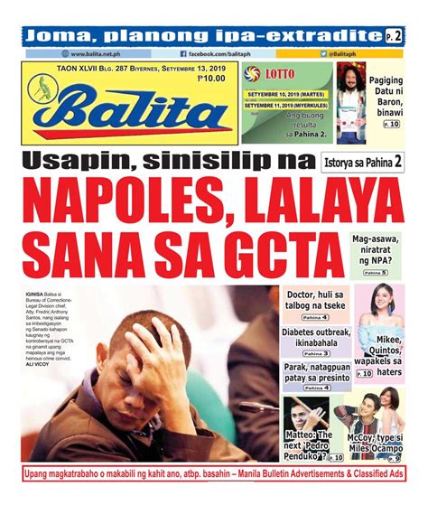Balita September 13 2019 Newspaper Get Your Digital Subscription