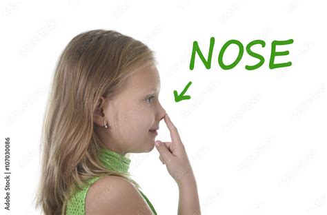 Cute Little Girl Pointing Her Nose In Body Parts Learning English Words