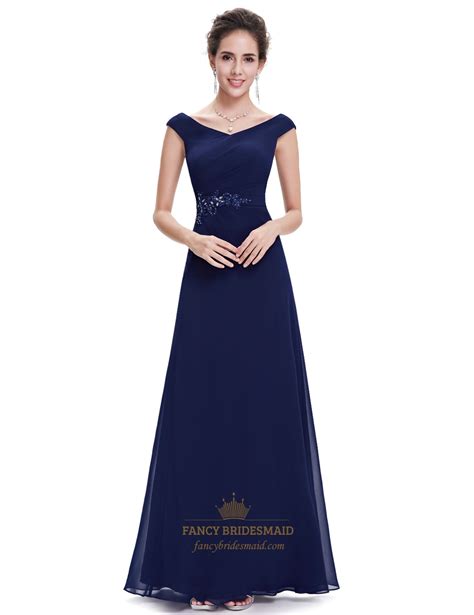 Navy Blue Chiffon Long Bridesmaid Dresses With Beaded Lace Applique