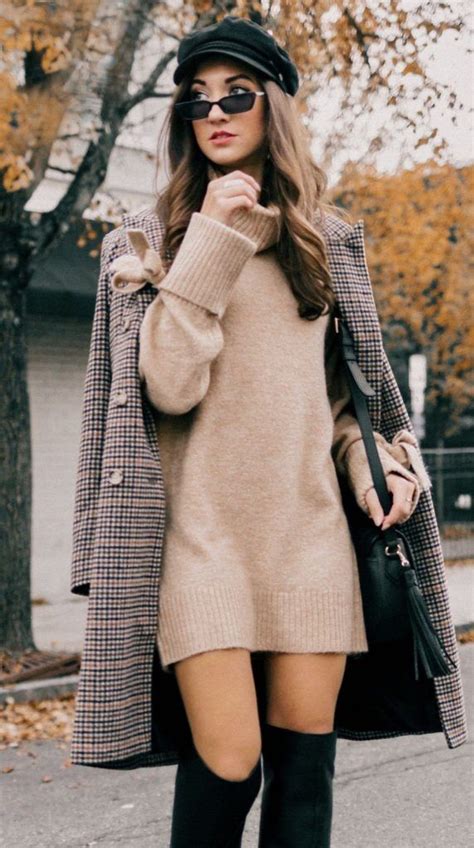 Cute And Comfy Winter Outfits For Women Sweater Dress Outfits With Hats Beige Sweater Dress