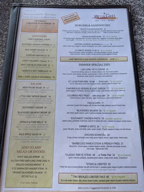 Menu at Mesa Grill Sedona restaurant, Sedona