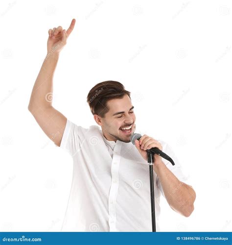 Young Handsome Man Singing In Microphone On White Stock Photo Image