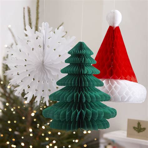 Three Christmas Honeycomb Hanging Decorations By Ginger