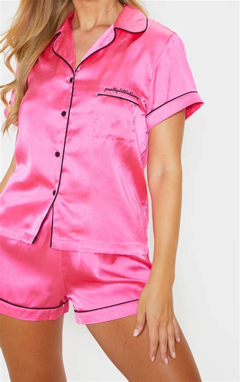 Prettylittlething Hot Pink Satin Pocket Pj Set Prettylittlething