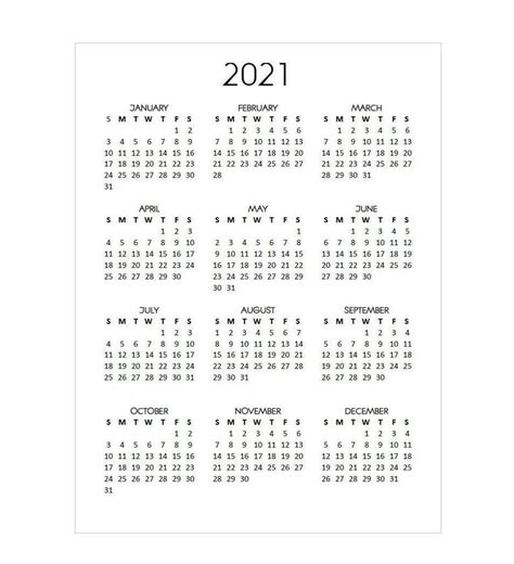 2021 yearly calendar (style 1). Printable 2021 Calendar Year at a Glance Vertical Standard ...