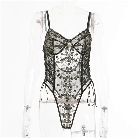 Romantic Floral Lacy See Thru Embroidered Sheer Bodysuit Sofyee