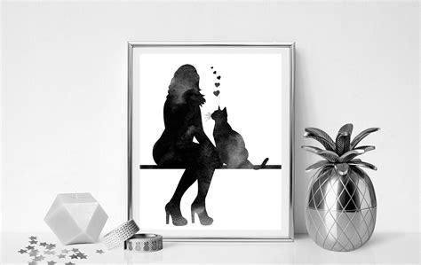 Woman Sitting With Her Cat Wall Decor Cat Mom T Black And White Cat Lovers Decor Cat