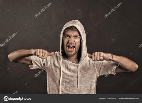 Angry Man With Beard Show Fists Bearded Man Wear Hood Fashion Model