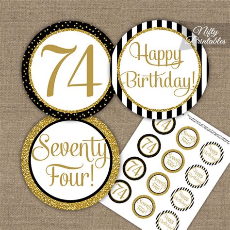 74th Birthday Cupcake Toppers Black Gold Nifty Printables
