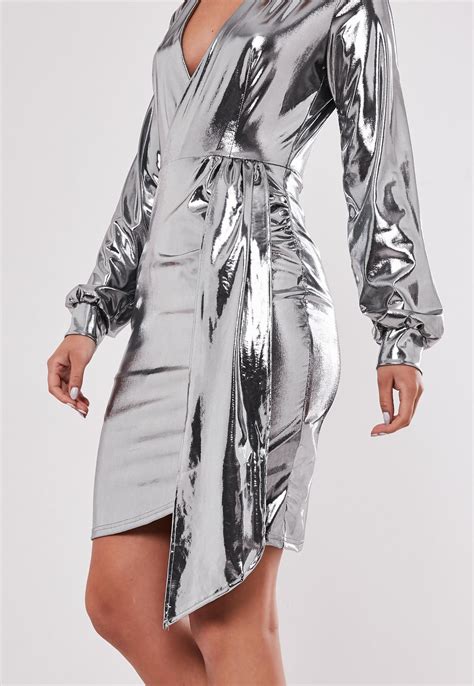 Tall Silver Metallic Wrap Front Dress Missguided