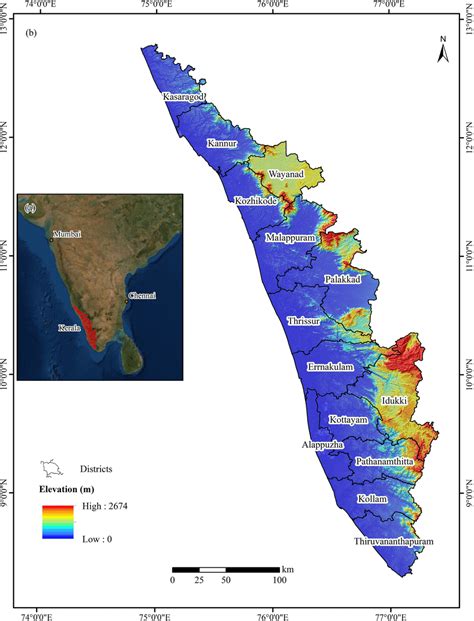 The malabar (north kerala district) : Overview map of Kerala with districts and elevation. | Download Scientific Diagram