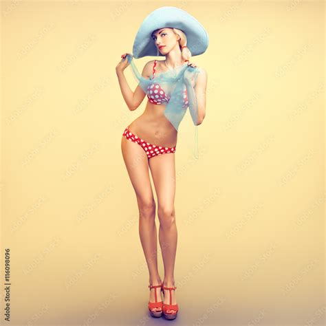 Fashion PinUp Woman In Fashion Beach Bikini Swimsuit Playful Sexy Blonde Model Girl Summer